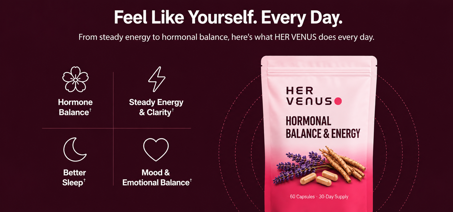 HER VENUS Hormonal Balance and Energy — hormone balance, steady energy and clarity, better sleep, and mood support.