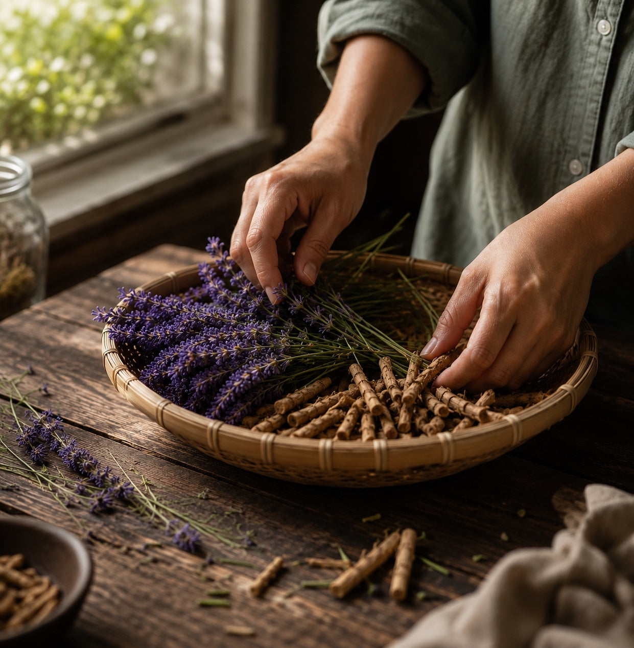 Hands sorting lavender and botanical roots into a basket